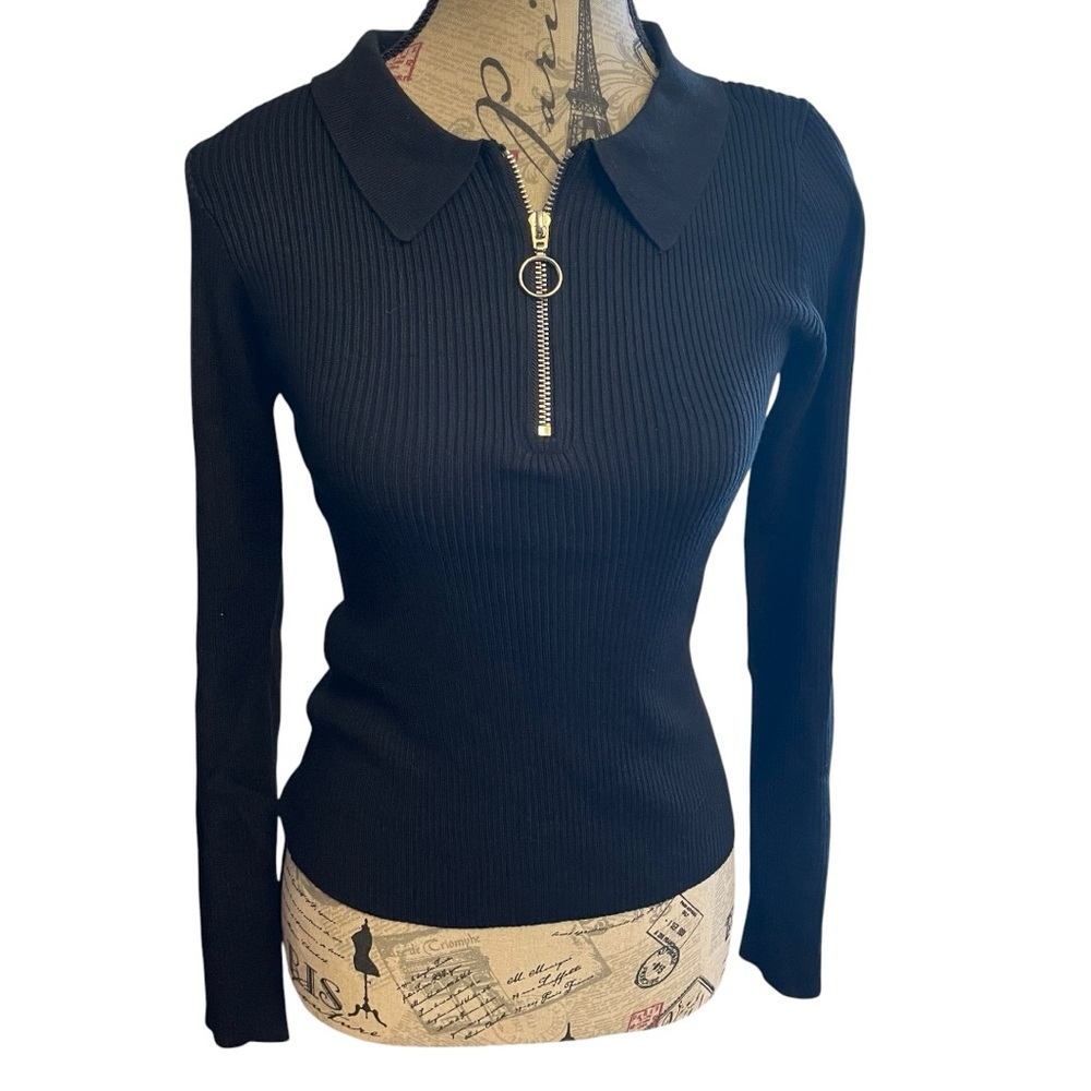 Love By Design Black Ribbed Zip-Up Blouse